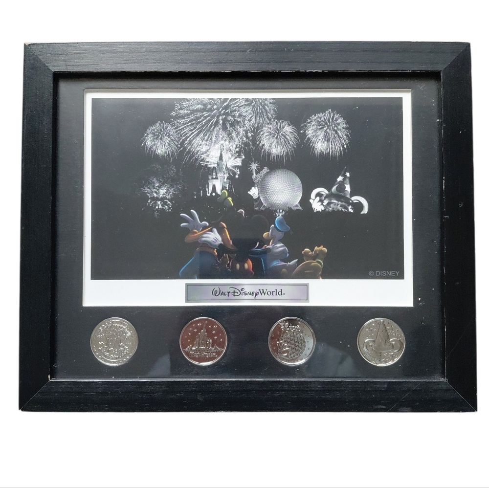 Disney World Framed Coins Lithography Set 4 Parks One World Black Silver Collect